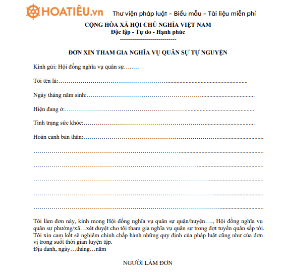 Mẫu đơn xin tham gia nghĩa vụ quân sự tự nguyện