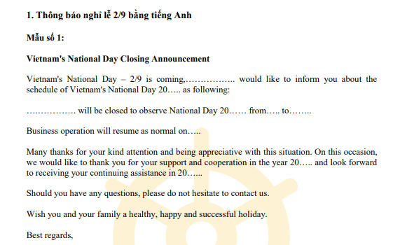 Mẫu thông báo nghỉ Lễ, Tết bằng Tiếng Anh
