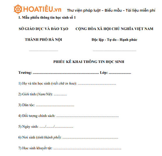 Phiếu điều tra thông tin học sinh 2024