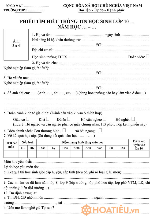 Mẫu phiếu tìm hiểu thông tin học sinh lớp 10