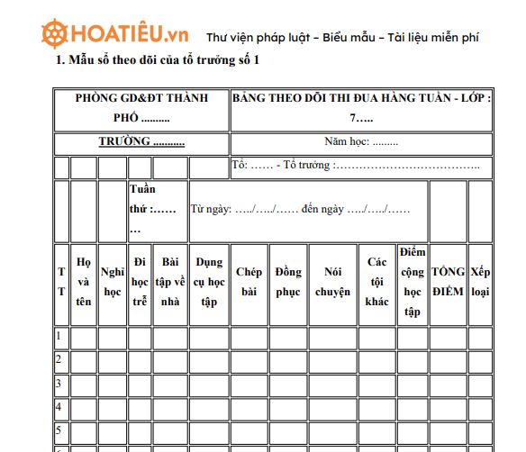 Mẫu sổ theo dõi của tổ trưởng