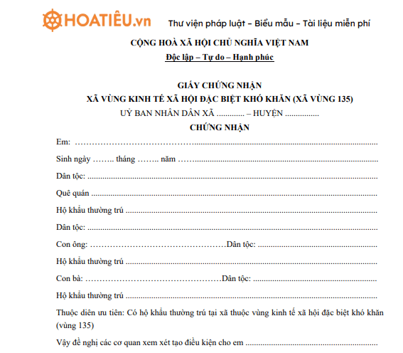 Mẫu giấy chứng nhận thuộc vùng 135