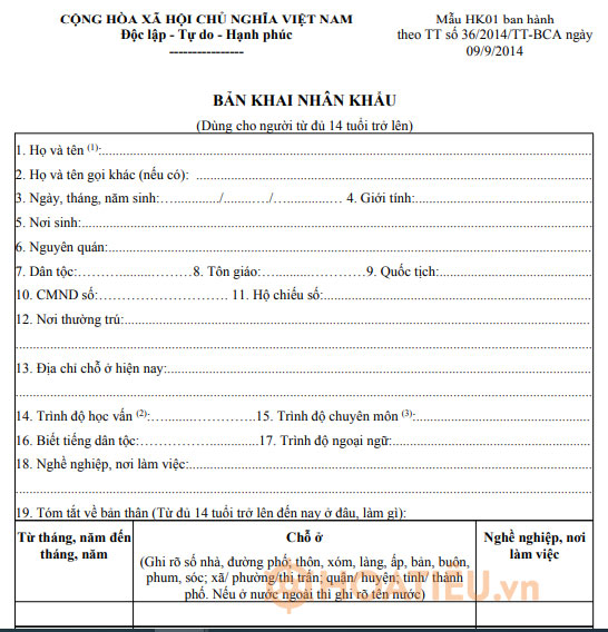 Bản khai nhân khẩu hộ khẩu mẫu HK01