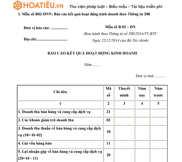 Mẫu số B02-DNN Báo cáo kết quả hoạt động kinh doanh
