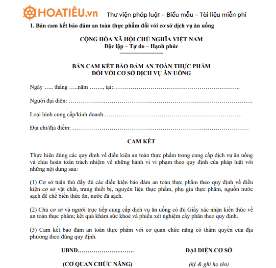 Mẫu cam kết bảo đảm vệ sinh an toàn thực phẩm