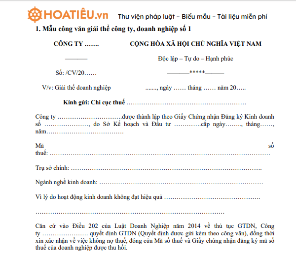 Mẫu Công văn giải thể doanh nghiệp