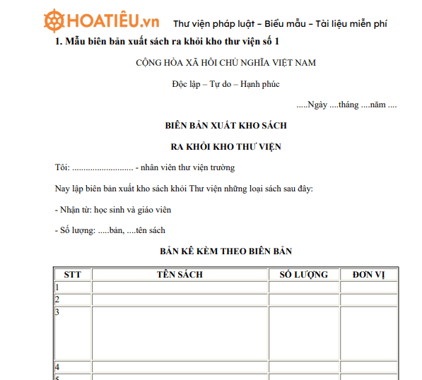 Mẫu biên bản xuất sách ra khỏi kho thư viện