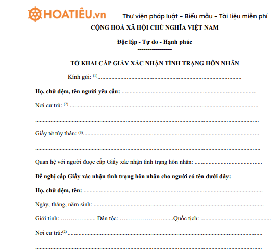 Mẫu tờ khai cấp giấy xác nhận tình trạng hôn nhân