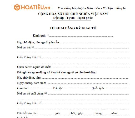 Tờ khai đăng ký khai tử