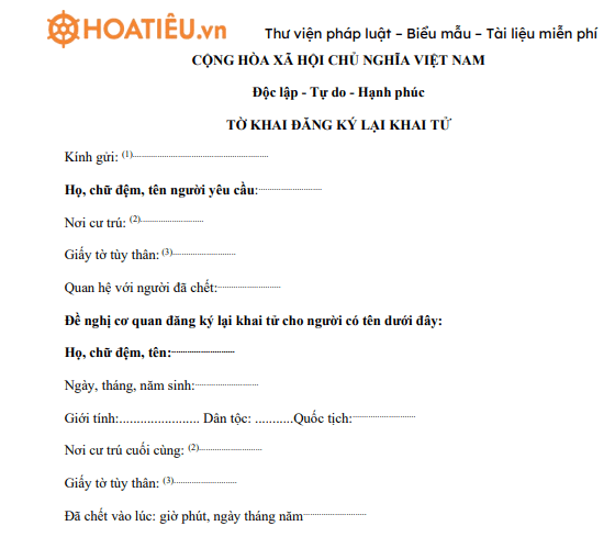 Mẫu tờ khai đăng ký lại việc tử