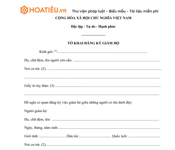 Mẫu tờ khai đăng ký giám hộ