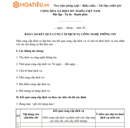 Báo cáo kết quả cung cấp dịch vụ công nghệ thông tin