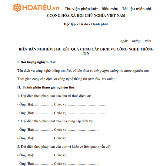 Biên bản nghiệm thu kết quả cung cấp dịch vụ công nghệ thông tin