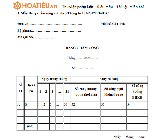 Mẫu số 01a-LĐTL: Bảng chấm công