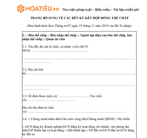 Mẫu số 06/BSCB: Trang bổ sung về các bên ký kết hợp đồng thế chấp
