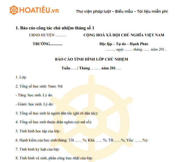 Mẫu báo cáo tháng của giáo viên chủ nhiệm