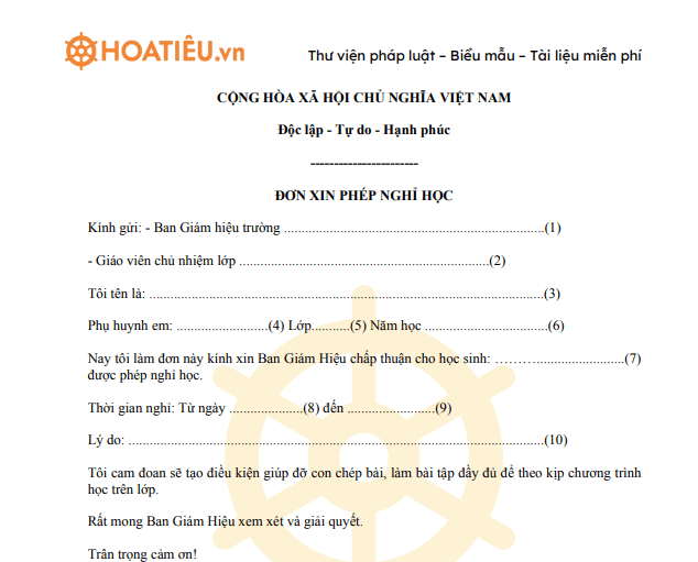 Đơn xin nghỉ học cho con