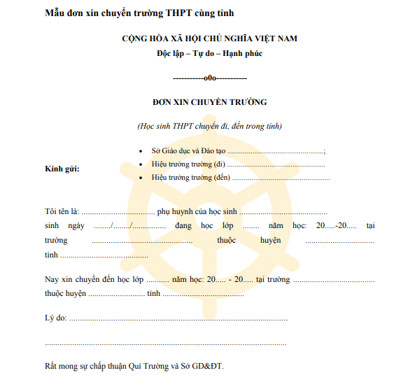 Mẫu đơn xin chuyển trường cấp 3