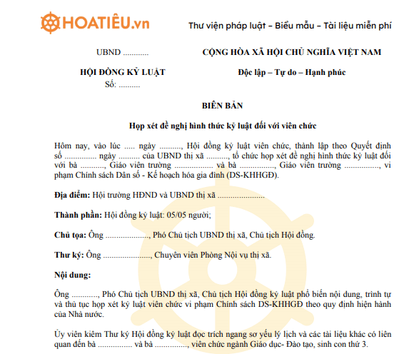 Biên bản họp chi bộ xét kỷ luật Đảng viên sinh con thứ 3