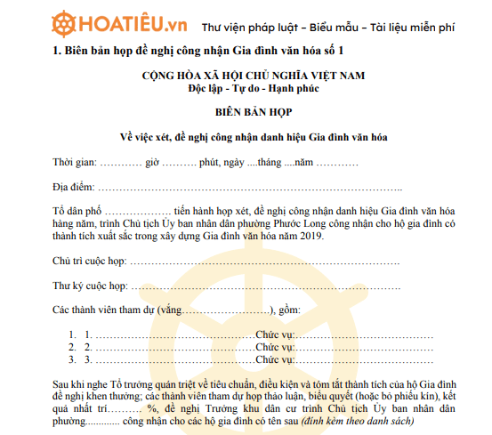 Biên bản họp đề nghị công nhận Gia đình văn hóa
