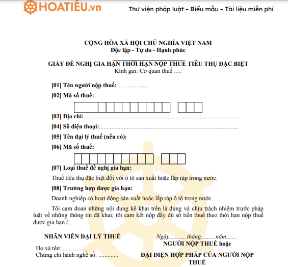 Giấy đề nghị gia hạn nộp thuế tiêu thụ đặc biệt