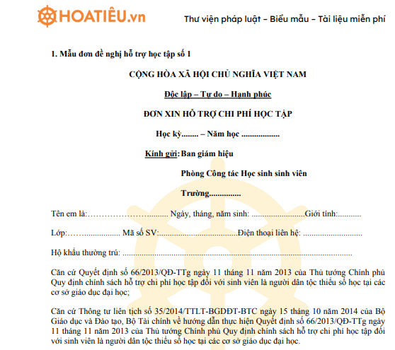 Mẫu đơn đề nghị hỗ trợ học tập