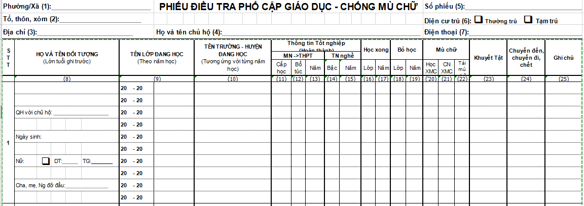 Mẫu phiếu điều tra phổ cập giáo dục - chống mù chữ