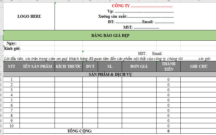 Mẫu bảng báo giá Excel