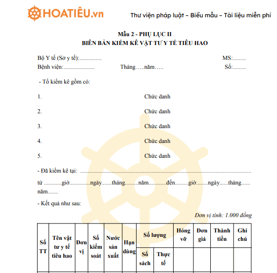 Mẫu biên bản kiểm kê vật tư y tế tiêu hao