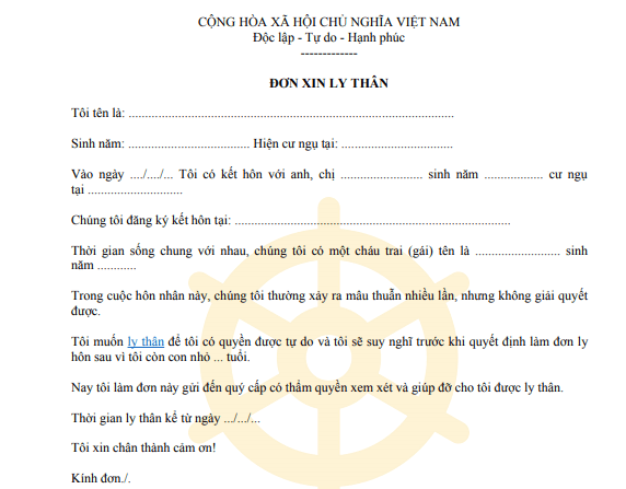 Mẫu đơn xin ly thân mới nhất