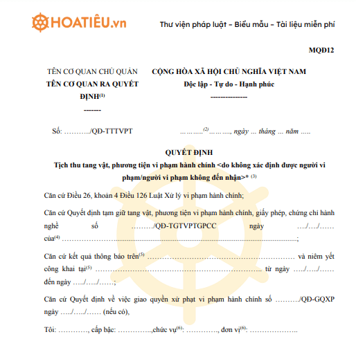 Mẫu MQĐ12: Quyết định tịch thu tang vật, phương tiện vi phạm hành chính