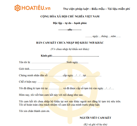 Mẫu cam kết chưa nhập hộ khẩu nơi khác