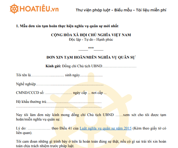 Đơn xin xác nhận tạm hoãn nghĩa vụ quân sự