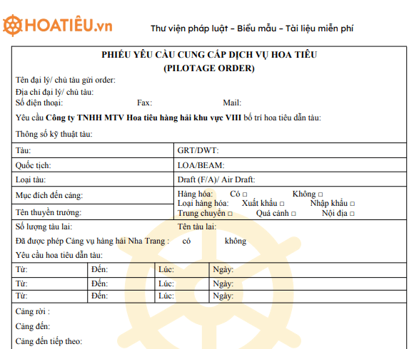 Phiếu yêu cầu cung cấp dịch vụ hoa tiêu