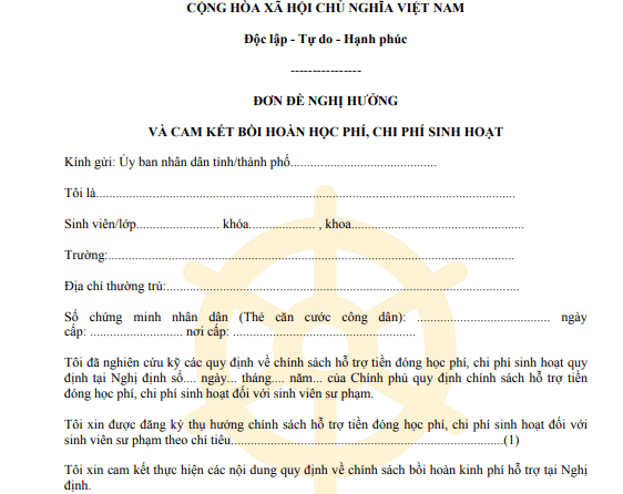 Đơn đề nghị hưởng và cam kết bồi hoàn học phí, chi phí sinh hoạt