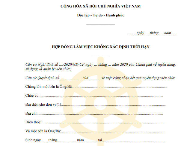 Mẫu hợp đồng làm việc không xác định thời hạn dành cho viên chức 2021