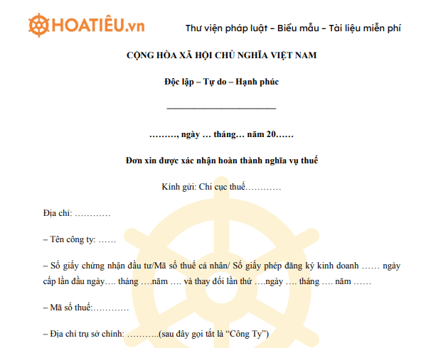 Mẫu đơn xác nhận hoàn thành nghĩa vụ thuế