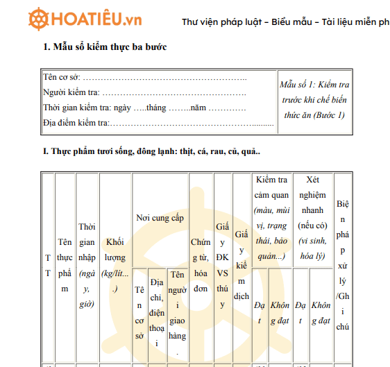 Mẫu sổ kiểm thực 3 bước