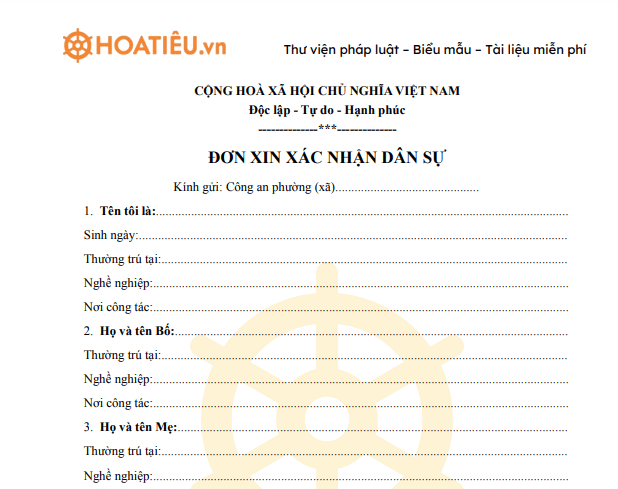 Mẫu đơn xác nhận nhân sự tại địa phương
