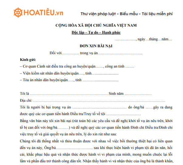 Đơn bãi nại trong vụ án tai nạn giao thông