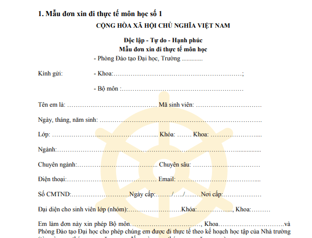 Mẫu đơn xin đi thực tế môn học 