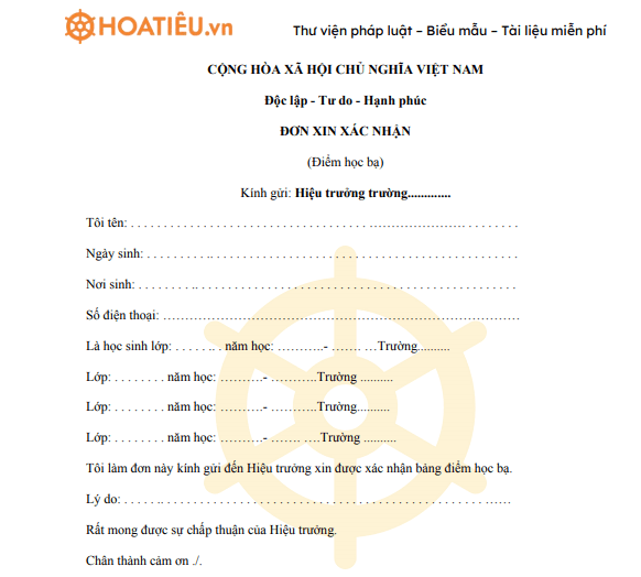 Mẫu đơn xin xác nhận bảng điểm
