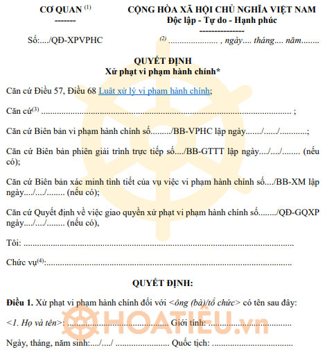 Mẫu quyết định xử phạt vi phạm hành chính