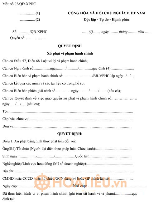 Mẫu quyết định xử phạt vi phạm hành chính