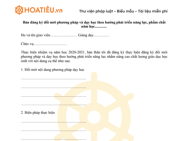 Bản đăng ký đổi mới phương pháp và dạy học theo hướng phát triển năng lực, phẩm chất