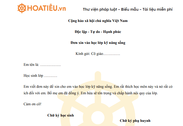 Đơn xin học kỹ năng sống
