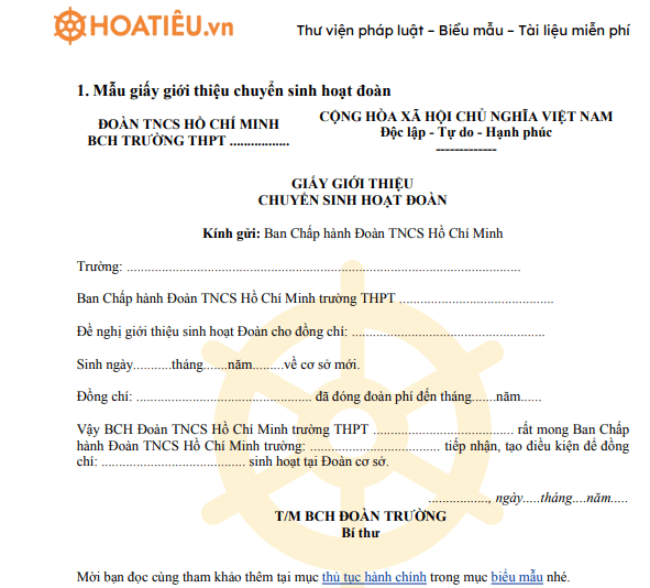 Mẫu giấy giới thiệu chuyển sinh hoạt đoàn
