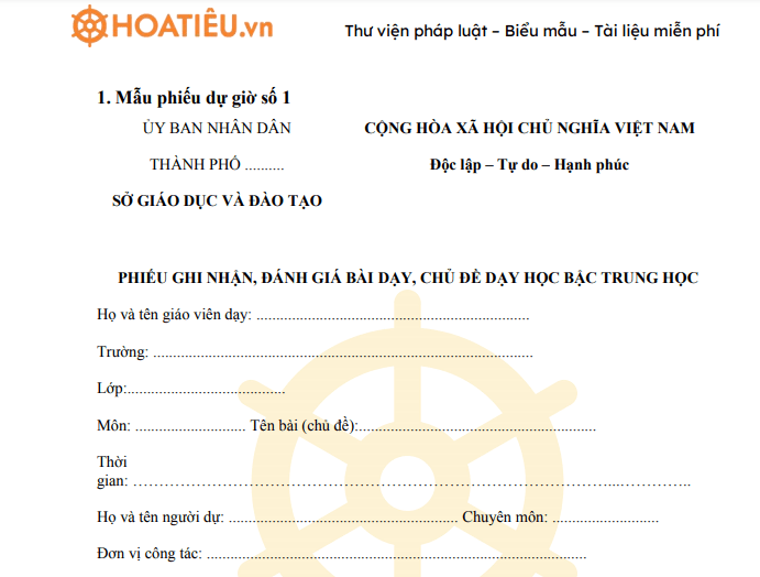 Mẫu phiếu dự giờ