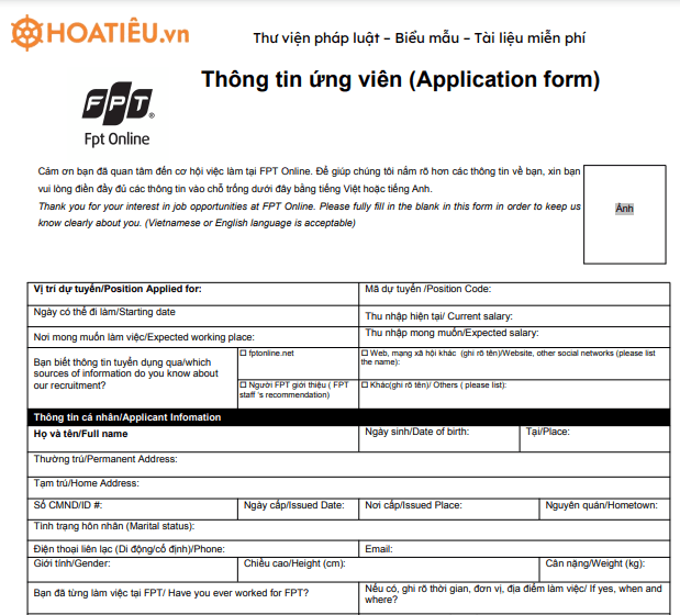 Mẫu đơn xin việc của FPT