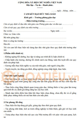 Mẫu cam kết đạo đức nhà giáo